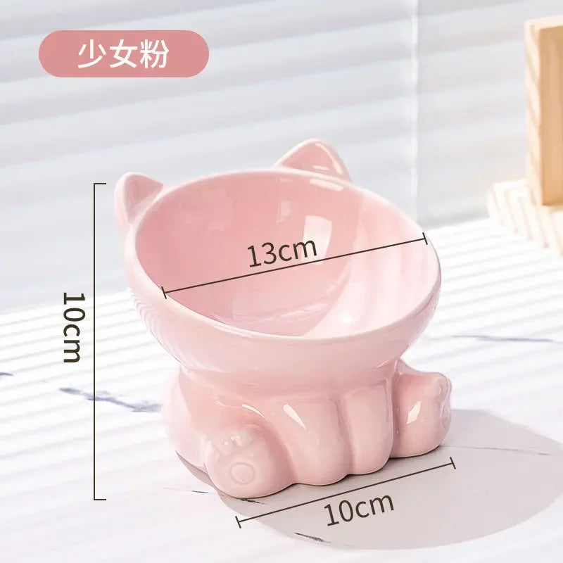 Cute Ceramic Cat Bowl with High Feet Dog Drinking Water Bowl Pet Supplies Cervical Spine Protection Diagonal Design Accessories