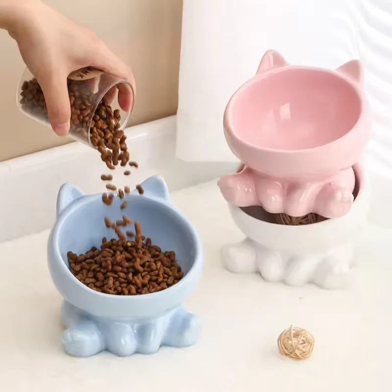 Cute Ceramic Cat Bowl with High Feet Dog Drinking Water Bowl Pet Supplies Cervical Spine Protection Diagonal Design Accessories