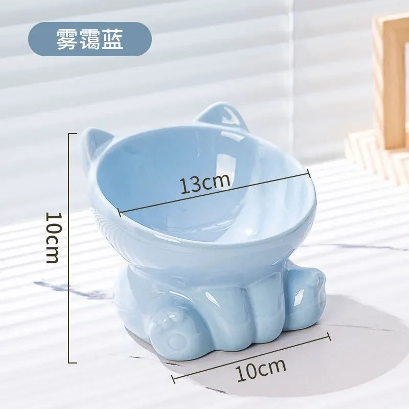 Cute Ceramic Cat Bowl with High Feet Dog Drinking Water Bowl Pet Supplies Cervical Spine Protection Diagonal Design Accessories