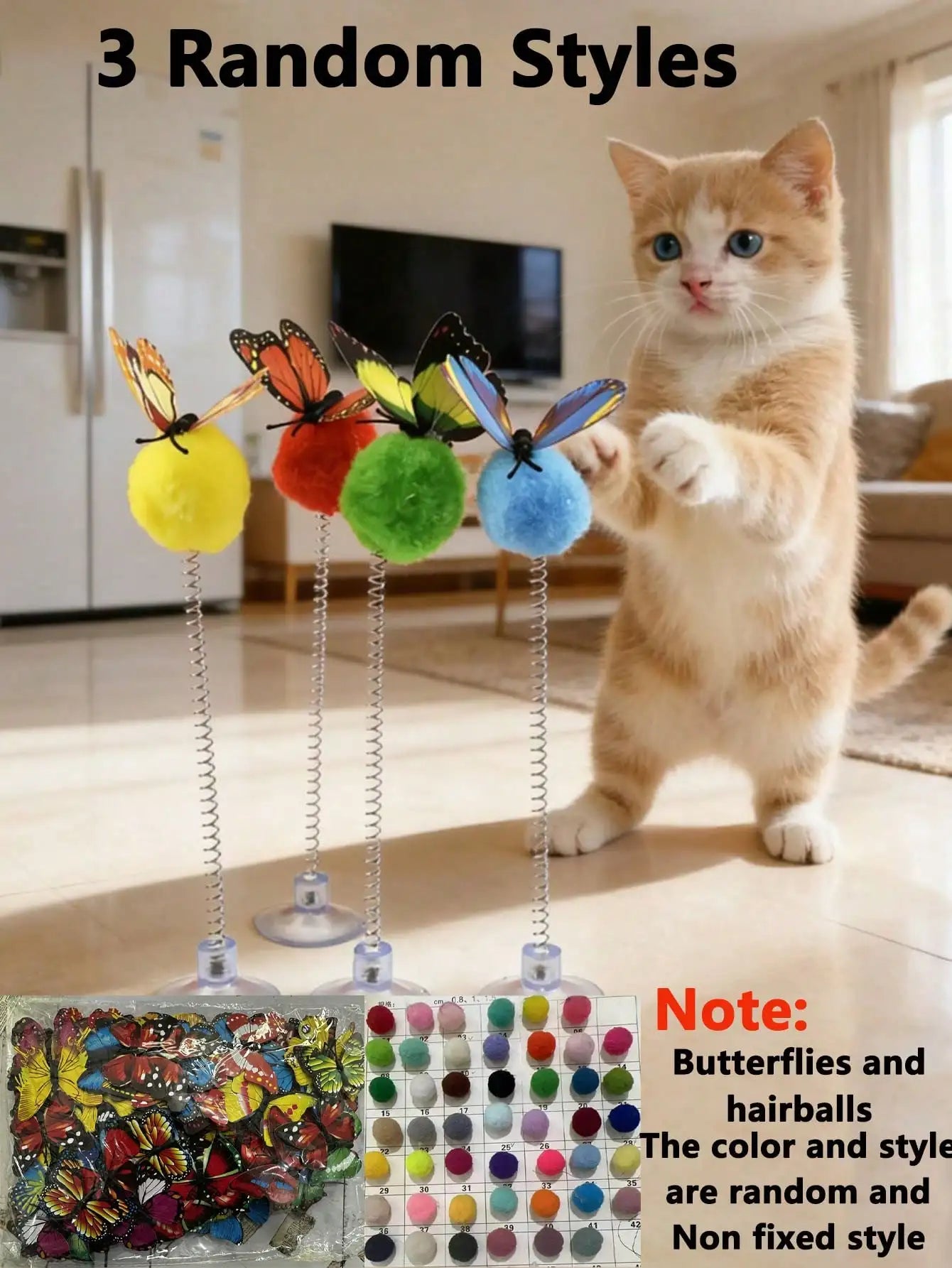 1/3Pcs Suction Cup Spring Cat Teaser, Pom Toy for Indoor Cats Kittens, Self-Play Boredom Relief Pet Toy, Random Color