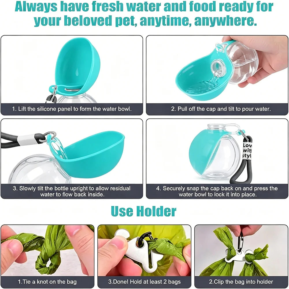 2 in 1 Portable Foldable Dog Water Bottle Leak Proof Silicone Travel Pet Water Bowl with Lanyard Hook for Outdoor Walking