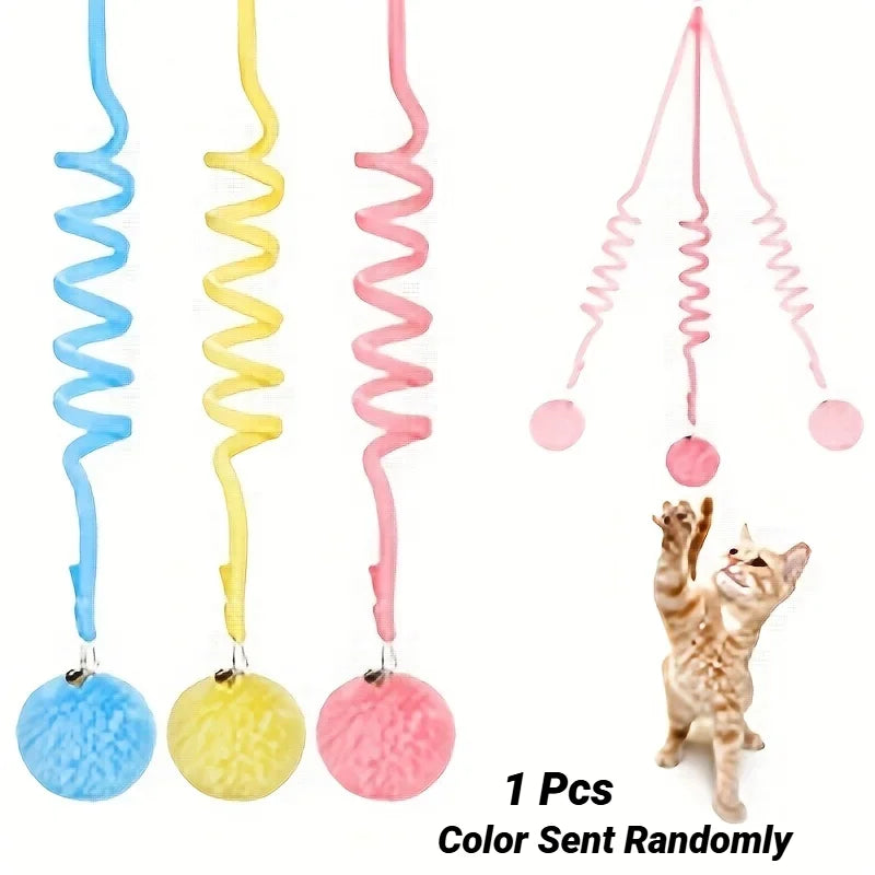 Suction Cup Spring Fur Ball 1Pc Retractable Cat Teaser With Bells Colorful Elastic Strings Fluffy Balls Cat Toy Pet Supplies