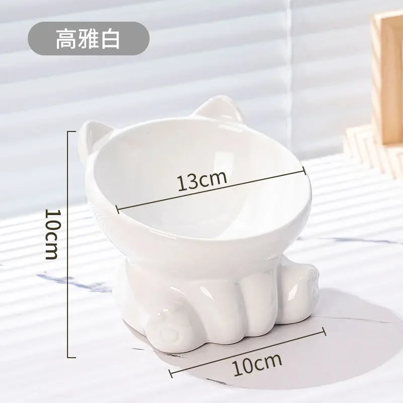 Cute Ceramic Cat Bowl with High Feet Dog Drinking Water Bowl Pet Supplies Cervical Spine Protection Diagonal Design Accessories