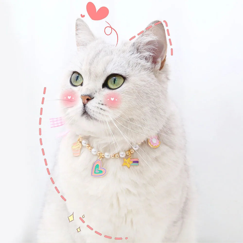 Adjustable Pet Pearl Necklace Collar Cat Accessories Cat Necklace Cute Lovely Heart Sphynx Cat Collar Puppy Doggy Kitty Jewelry