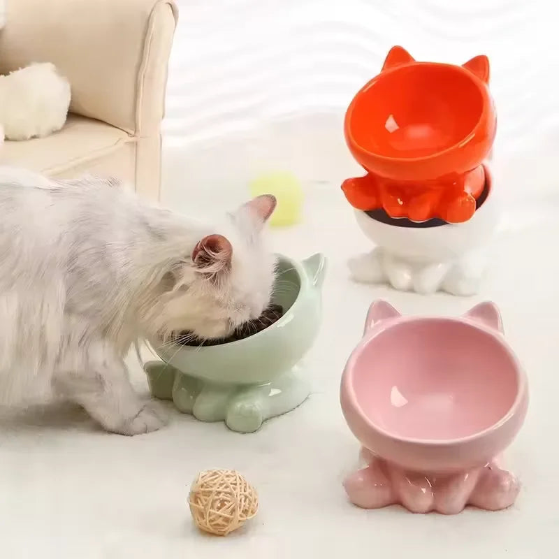 Cute Ceramic Cat Bowl with High Feet Dog Drinking Water Bowl Pet Supplies Cervical Spine Protection Diagonal Design Accessories