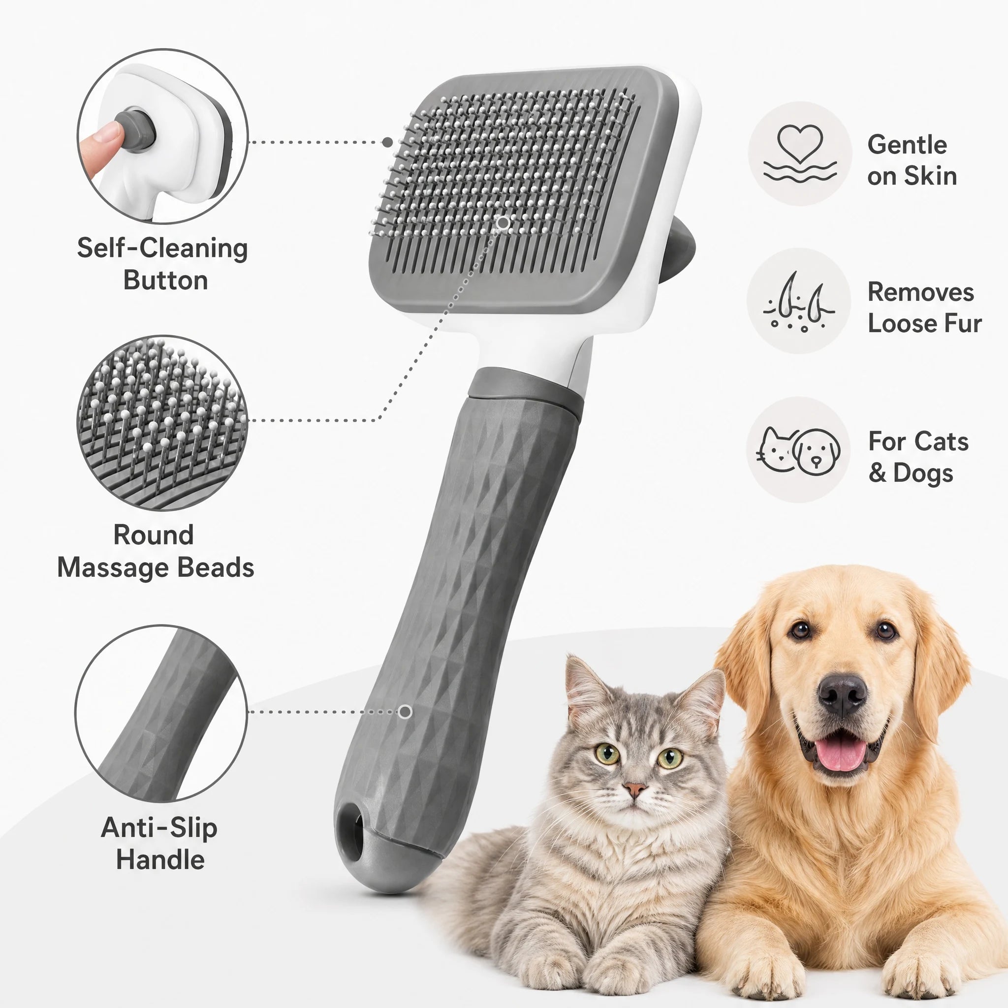 Universal Pet Detangling Brush, Massages Out Knots & Mats. 19cm, for Long/Short Hair, Soothing