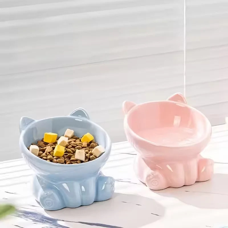 Cute Ceramic Cat Bowl with High Feet Dog Drinking Water Bowl Pet Supplies Cervical Spine Protection Diagonal Design Accessories