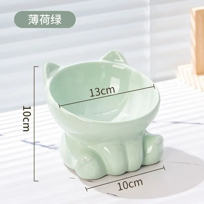 Cute Ceramic Cat Bowl with High Feet Dog Drinking Water Bowl Pet Supplies Cervical Spine Protection Diagonal Design Accessories