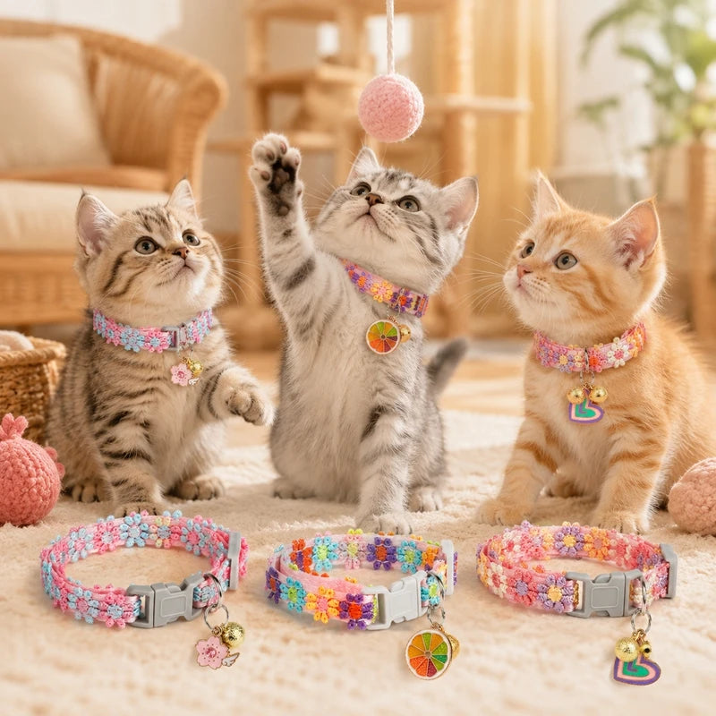 20cm-30cm Cat Collar Pet Accessoires Adjustable Length Collars for Cat Flower Cat Necklace Cat Collar with Bell Pet Gifts