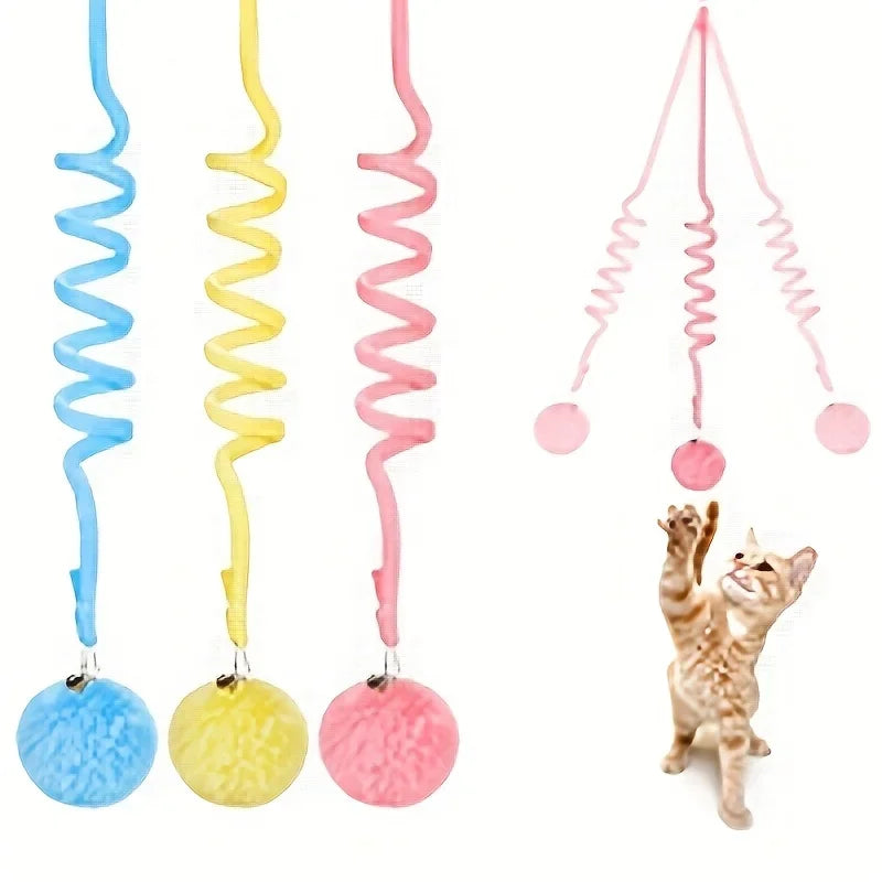 Suction Cup Spring Fur Ball 1Pc Retractable Cat Teaser With Bells Colorful Elastic Strings Fluffy Balls Cat Toy Pet Supplies