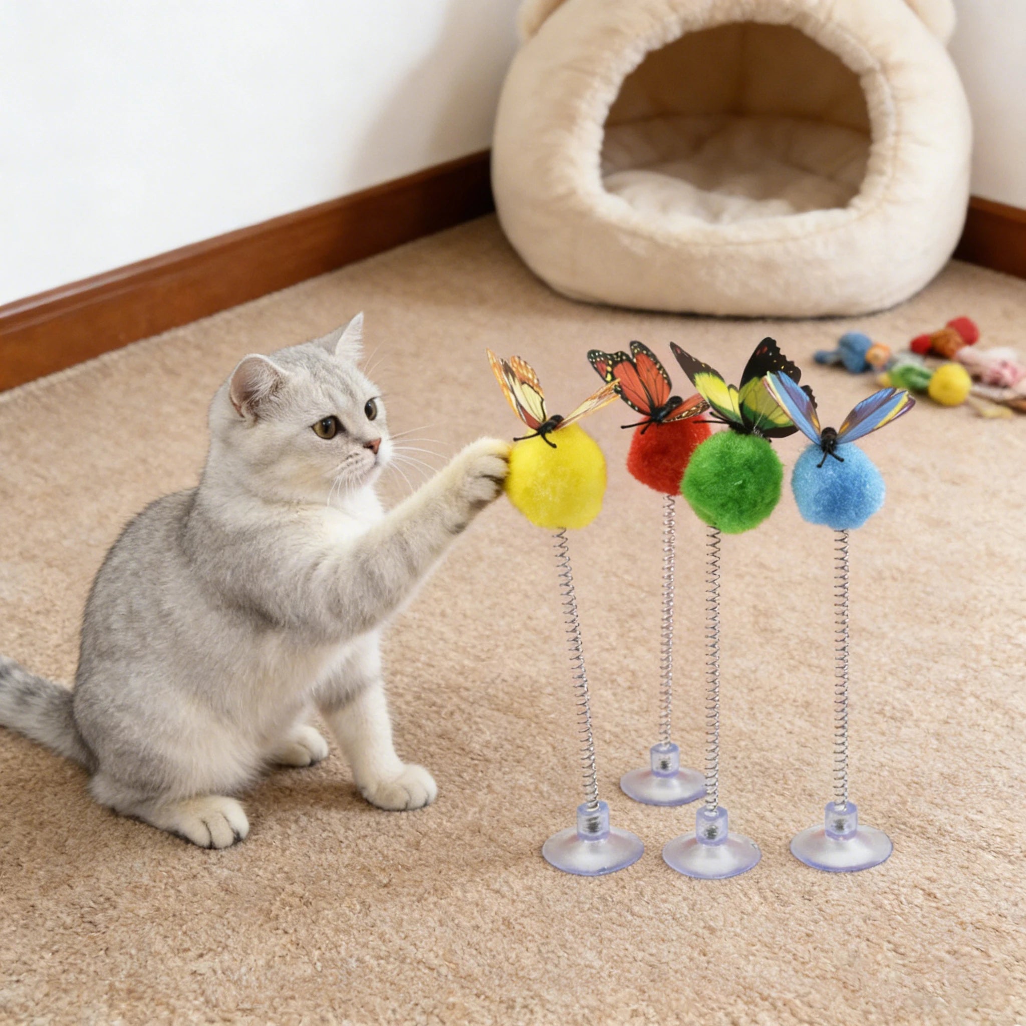 1/3Pcs Suction Cup Spring Cat Teaser, Pom Toy for Indoor Cats Kittens, Self-Play Boredom Relief Pet Toy, Random Color