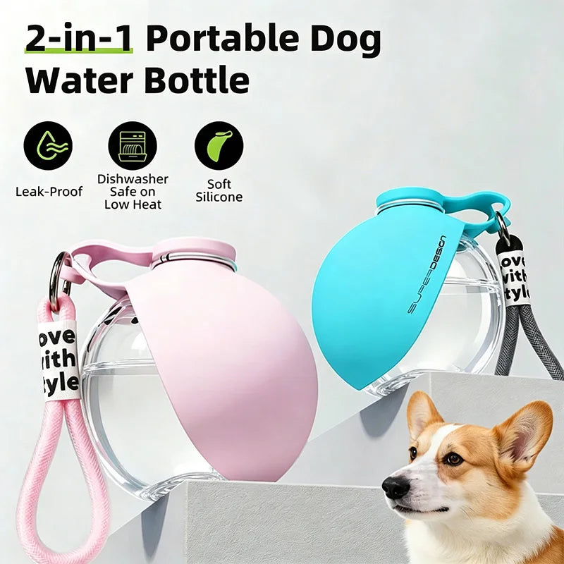 2 in 1 Portable Foldable Dog Water Bottle Leak Proof Silicone Travel Pet Water Bowl with Lanyard Hook for Outdoor Walking