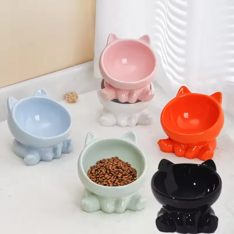 Cute Ceramic Cat Bowl with High Feet Dog Drinking Water Bowl Pet Supplies Cervical Spine Protection Diagonal Design Accessories